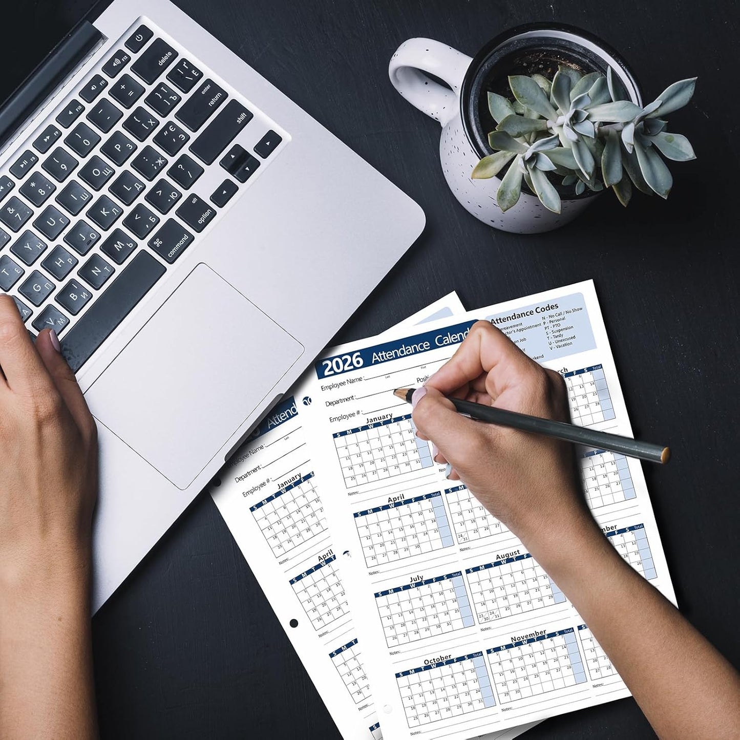 2026 Attendance Calendar (Pack of 25 Sheets) Employee Work Tracker Attendance Calendar Cards - Each sheet 8.5 X 11 100lb CardStock paper Make (25 sheets-Blue)
