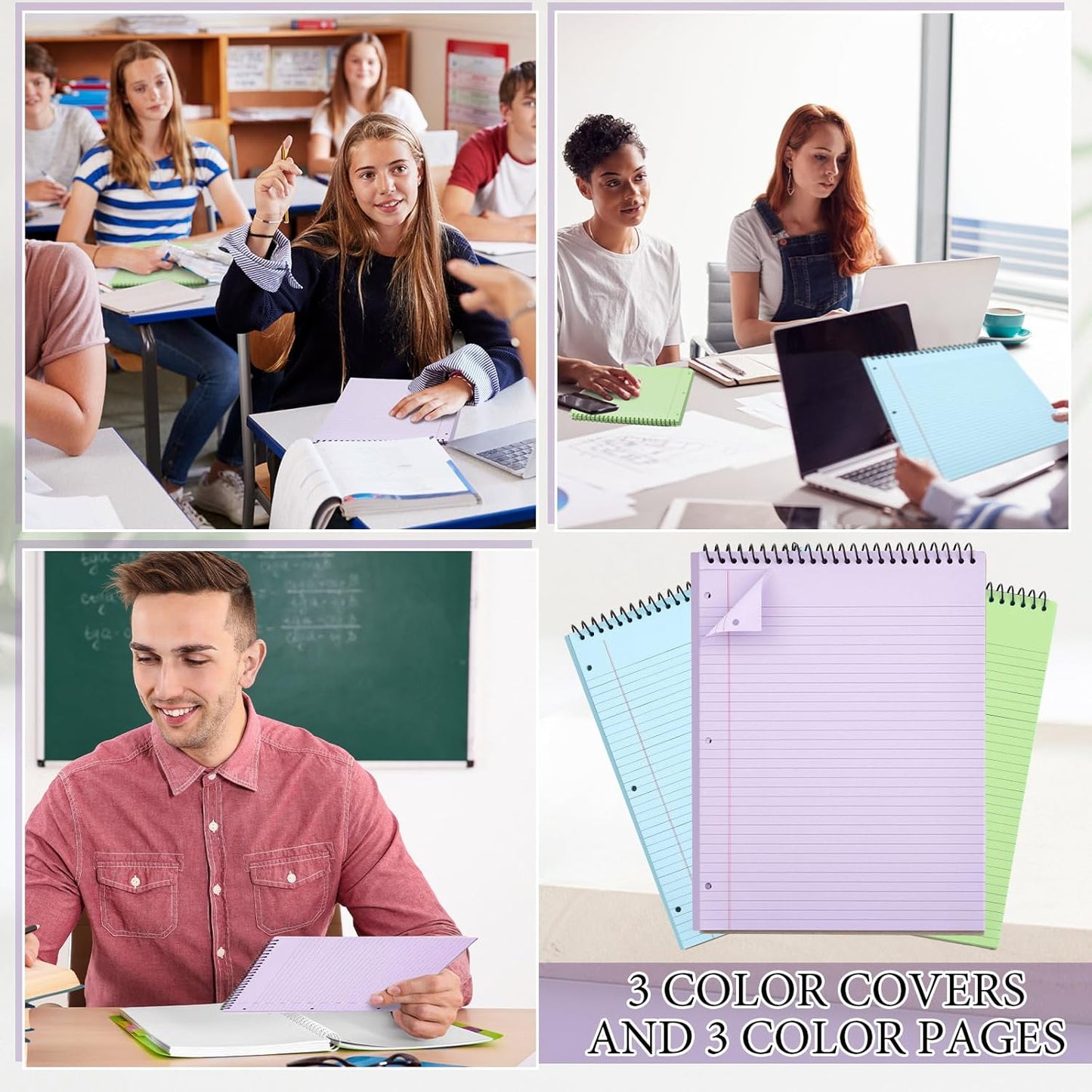 10 Packs 8.5" x 11" Top Spiral Notebook with 3 Hole Punched Legal Pads College Ruled Notepad 50 Sheets Hard Cardboard Paper Wirebound Notepad for Office School Business (Green,Blue,Purple)