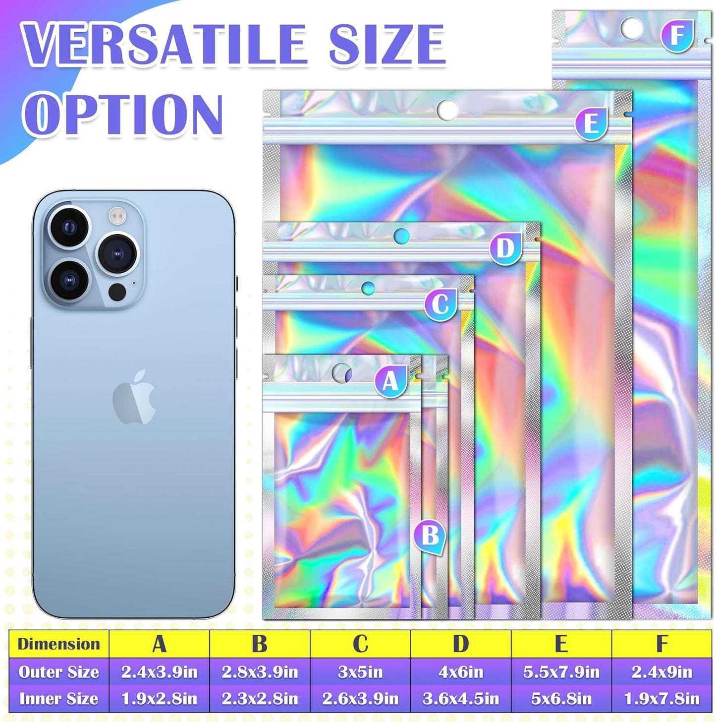 300 Pcs Mylar Bags, Smell Proof Bags Foil Pouch, Holographic Resealable Bags for Small Business, Candy Sample Jewelry Bag Sealable Packaging for Party Favor Food Storage (3x5in)