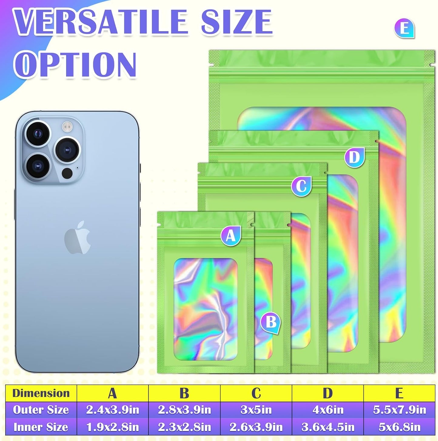 300 Pcs Mylar Bags, Smell Proof Bags Foil Pouch, Holographic Resealable Bags for Small Business, Candy Sample Jewelry Bag Sealable Packaging for Party Favor Food Storage (4x6in-Green)