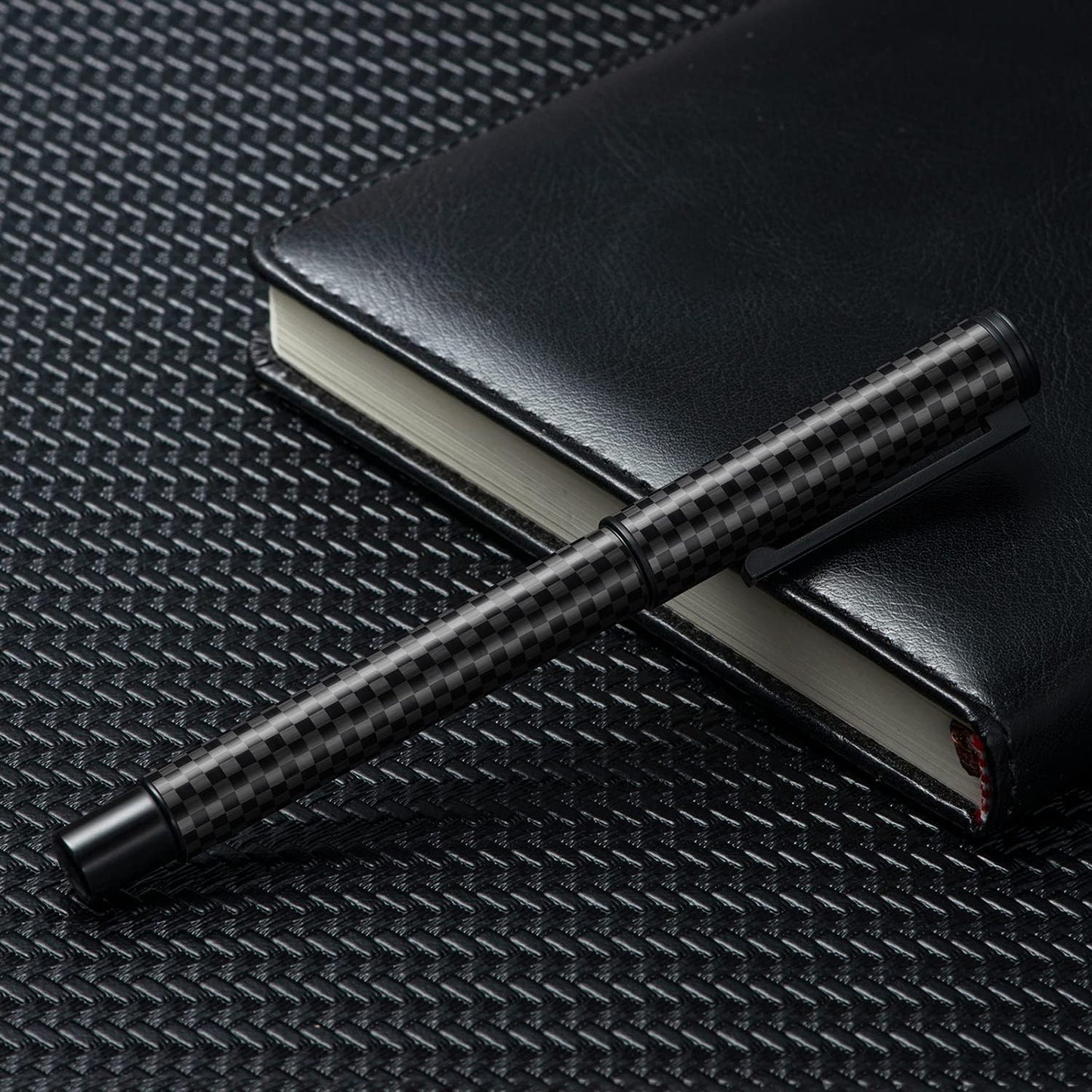 Hongdian Black Carbon Fiber Fountain Pen, Bent Nib Fude Pen for Calligraphy Writing (Fine to Broad) with Converter and Metal Pen Box Set