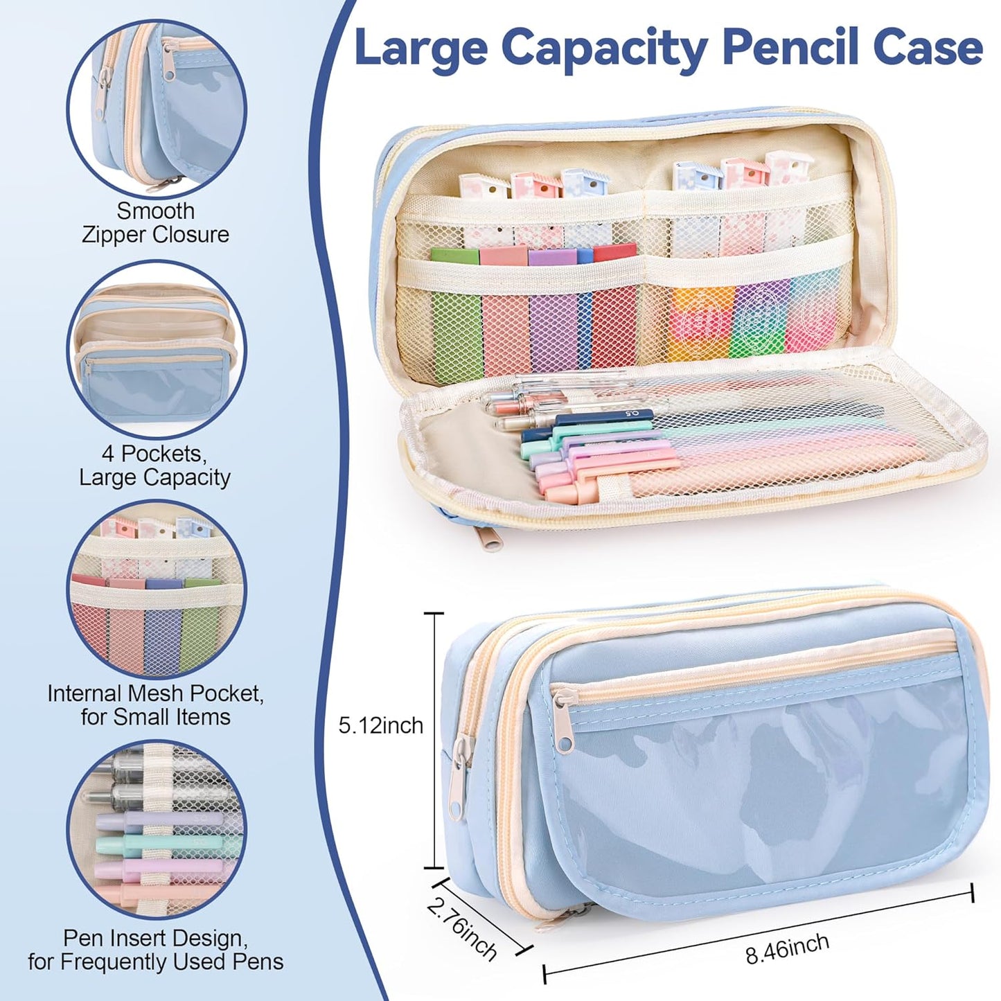 61 PCS Aesthetic School Supplies with Cute Pen Case, Pastel Highlighters, Gel & Erasable Pens, Mechanical Pencils, Refills, Complete Essentials Stationery Kit for Students (Blue)