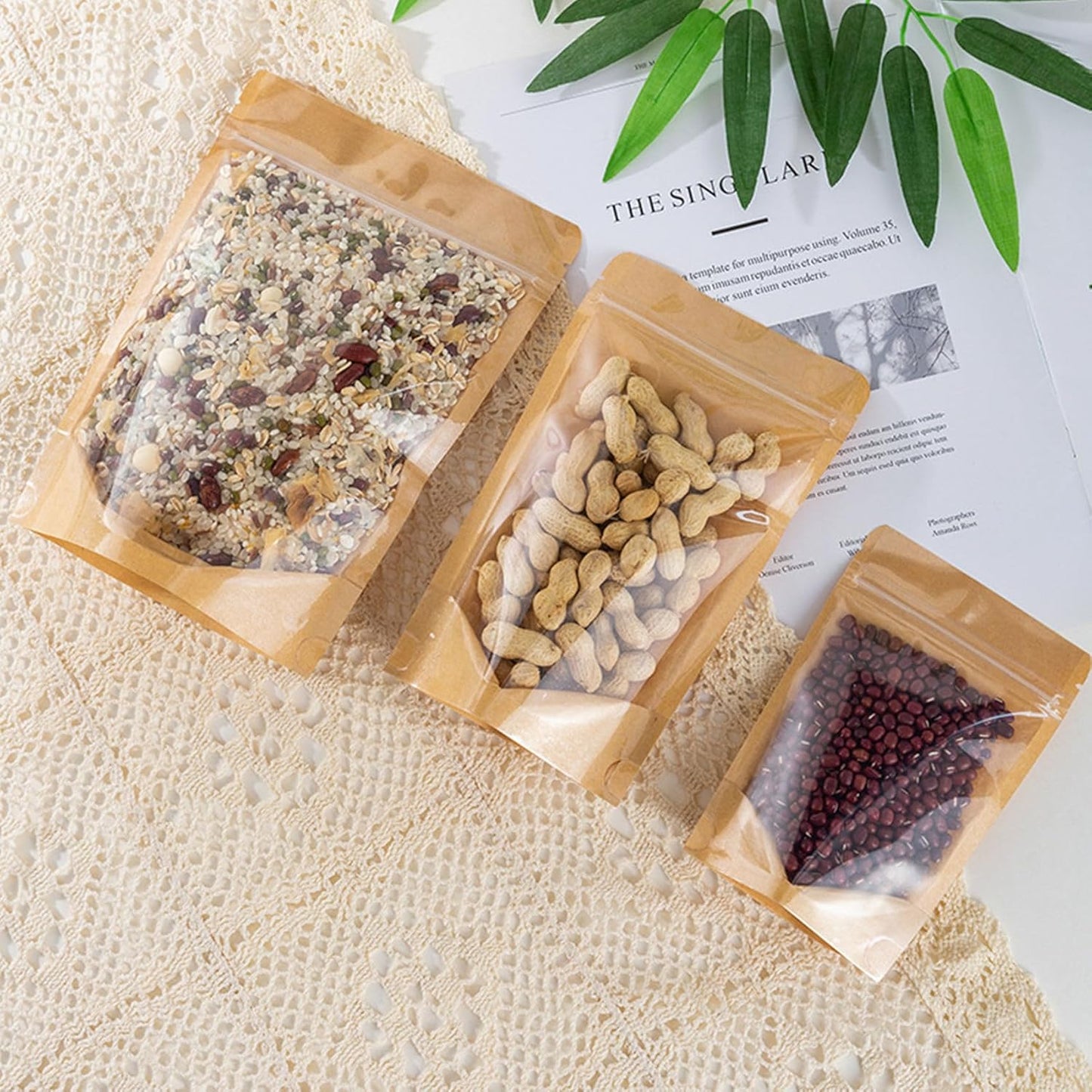 50pcs Kraft Bags With Window Clear Fornt Pouches Resealable Stand Up Zip Lock Food Storage Bags Brown 10"x14"