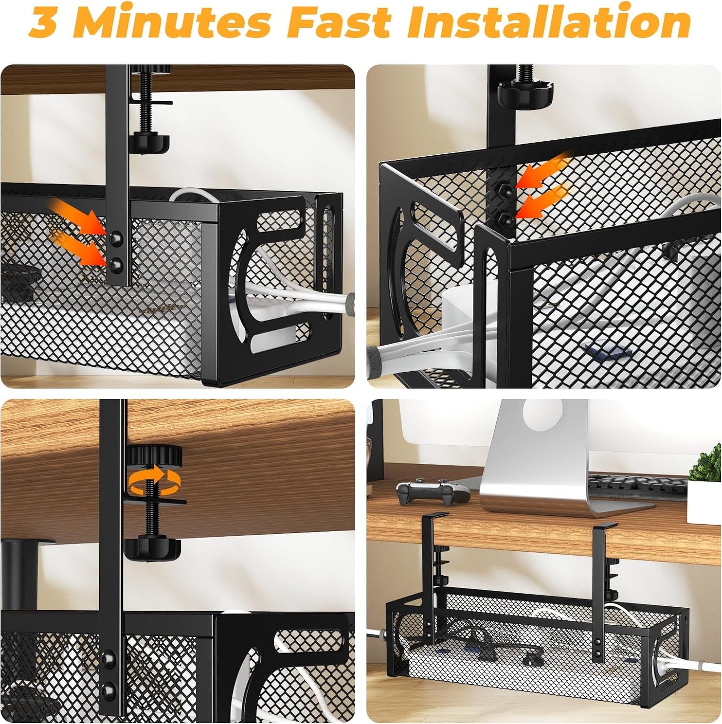 Under Desk Cable Management Tray, 15.7'' No Drill Steel Desk Cable Organizers, Wire Management Tray Cable Management Rack (1 Pack-Black)