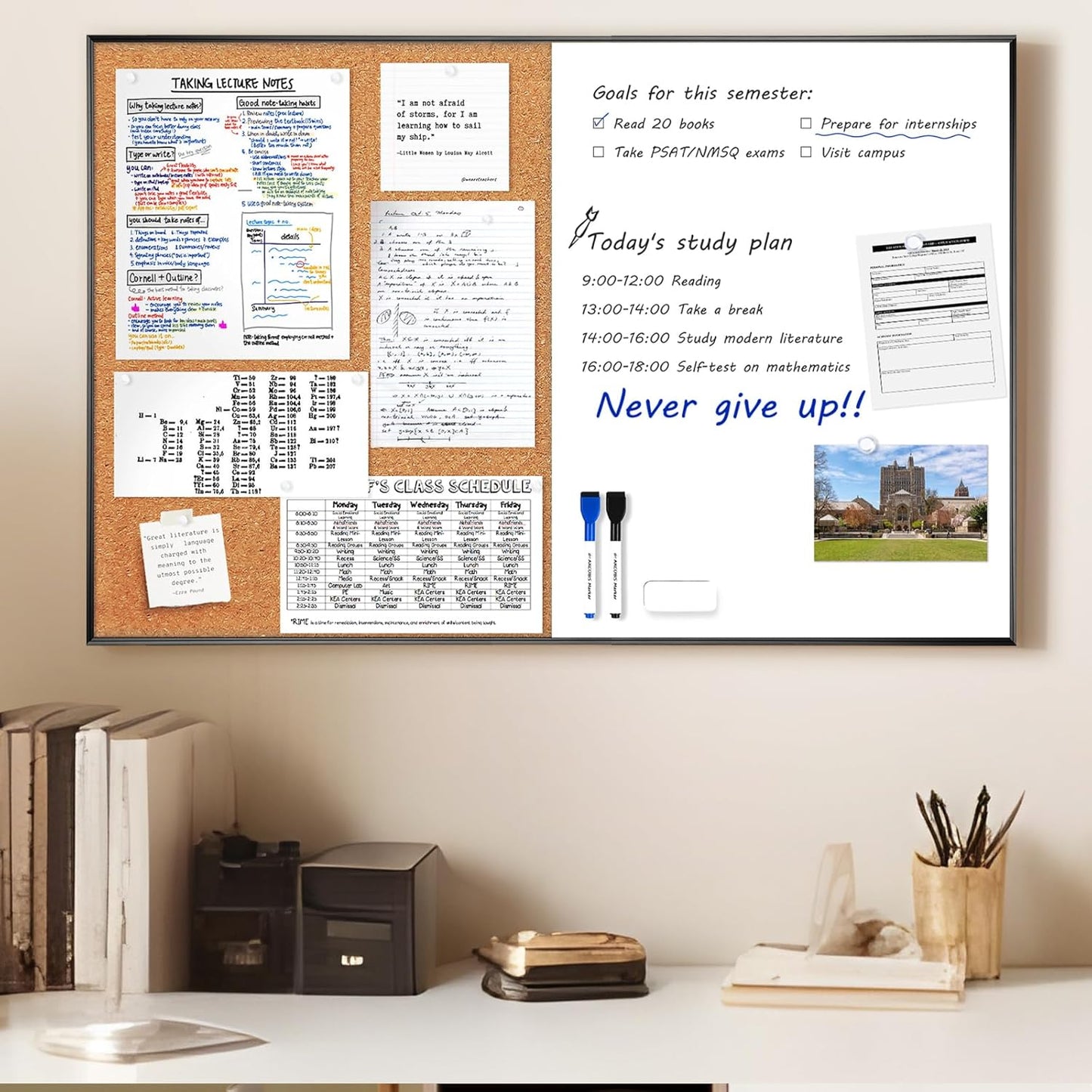 ARCOBIS Cork Board White Board Combo, 36 x 24 Inch Bulletin Board, Magnetic Dry Erase Board & Corkboard for Wall, Vision Board for Home, Office, School, Black Frame