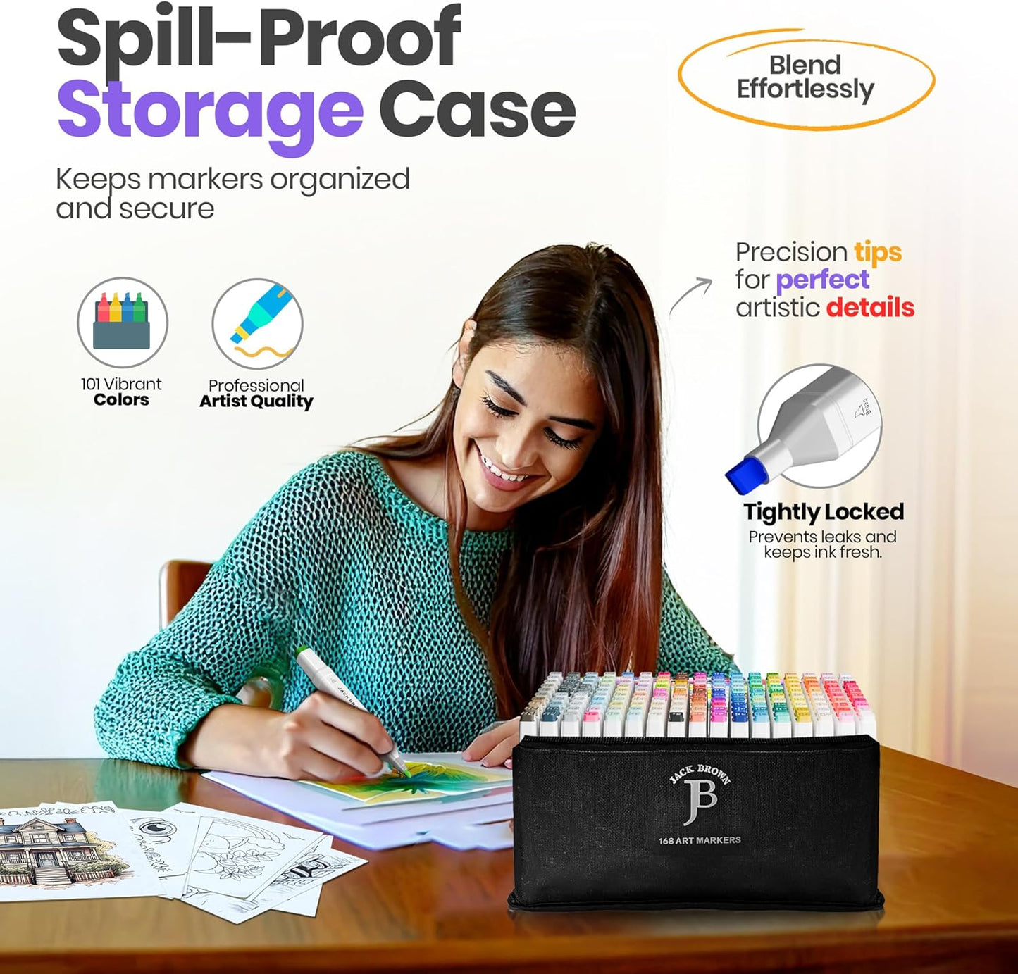 JACK BROWN 168 Colors Alcohol Markers Set with Fine & Chisel Dual Tip - Professional Art Markers for Adults & Kids, Perfect for Drawing, Sketching, Coloring & Animation - Includes Durable Marker Case