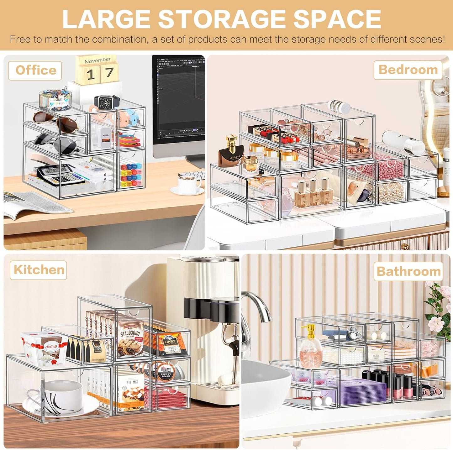 Desk Organizer with 14 Drawers, FODIENS 14 Packs Acrylic Stackable Desktop Storage Drawer Makeup Organizer, Clear Craft Storage Box Cabinets for Office Vanity Countertop Bathroom Bedroom