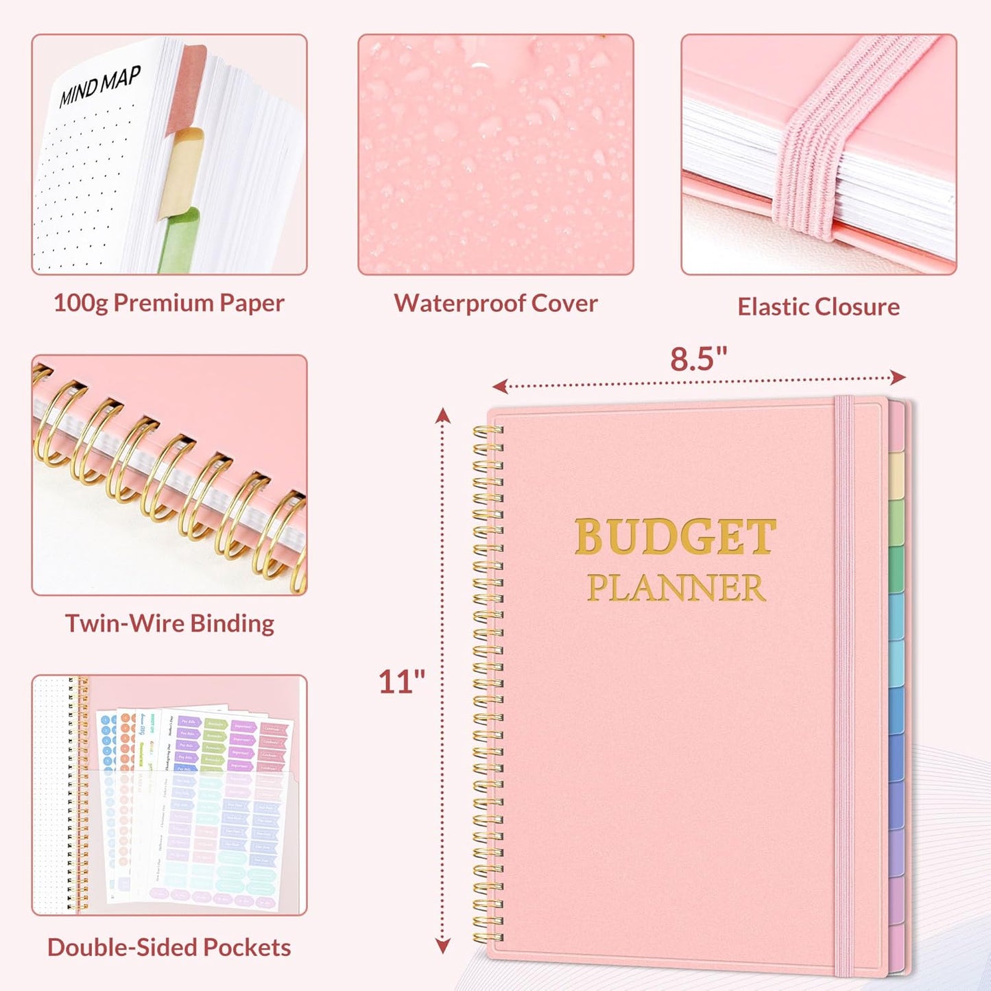 SUNEE Budget Planner - Monthly Budget Book with Expense Tracker Notebook, A4(8.5" x 11") Undated 12 Month Bill Organizer & Finance Planner to Manage Your Money, Account Book with Colorful Tab, Pink
