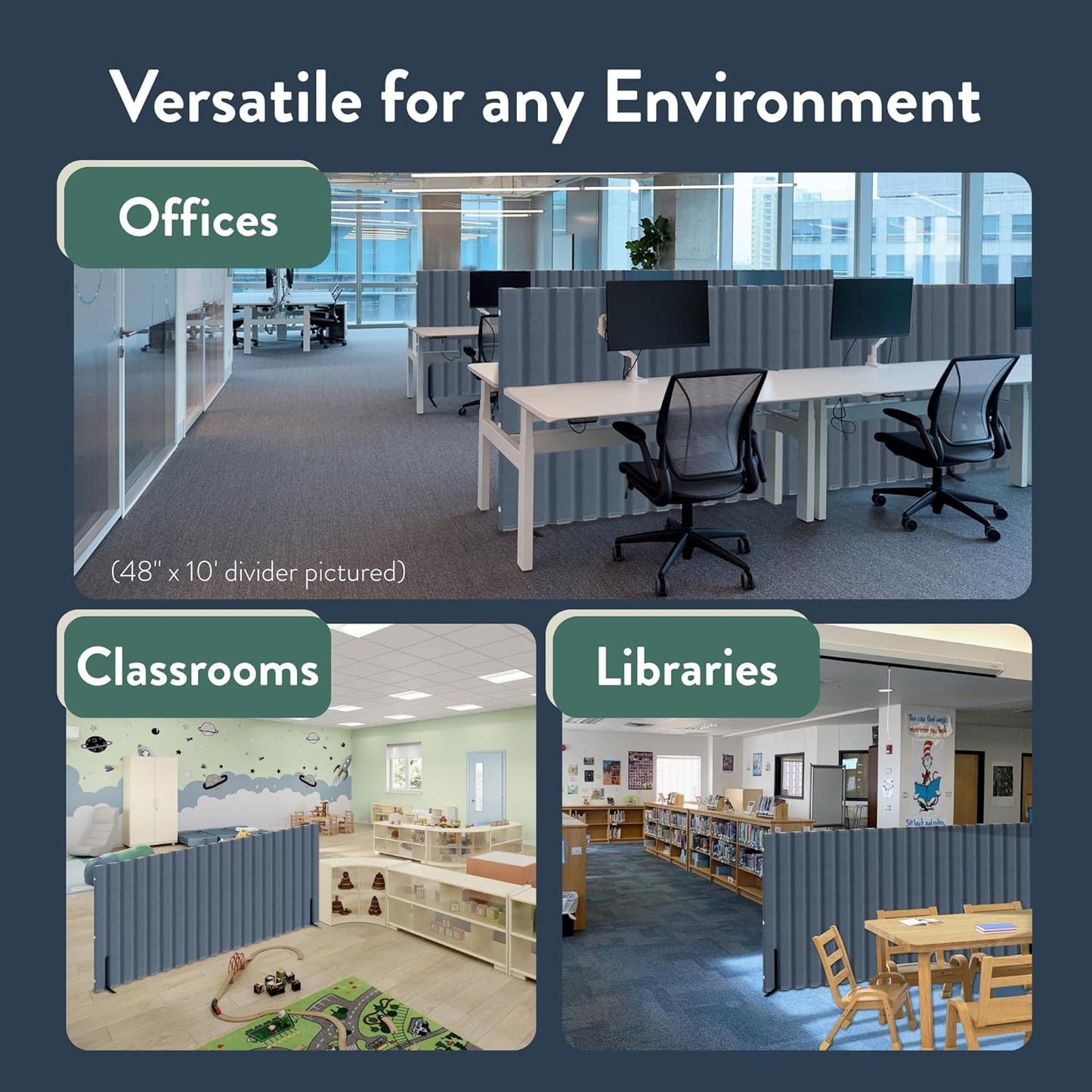Children’s Factory 48" x 10' Quiet Divider With Sound Dampening Panels, Freestanding Room Divider Wall, Slate Blue (pack of 1)