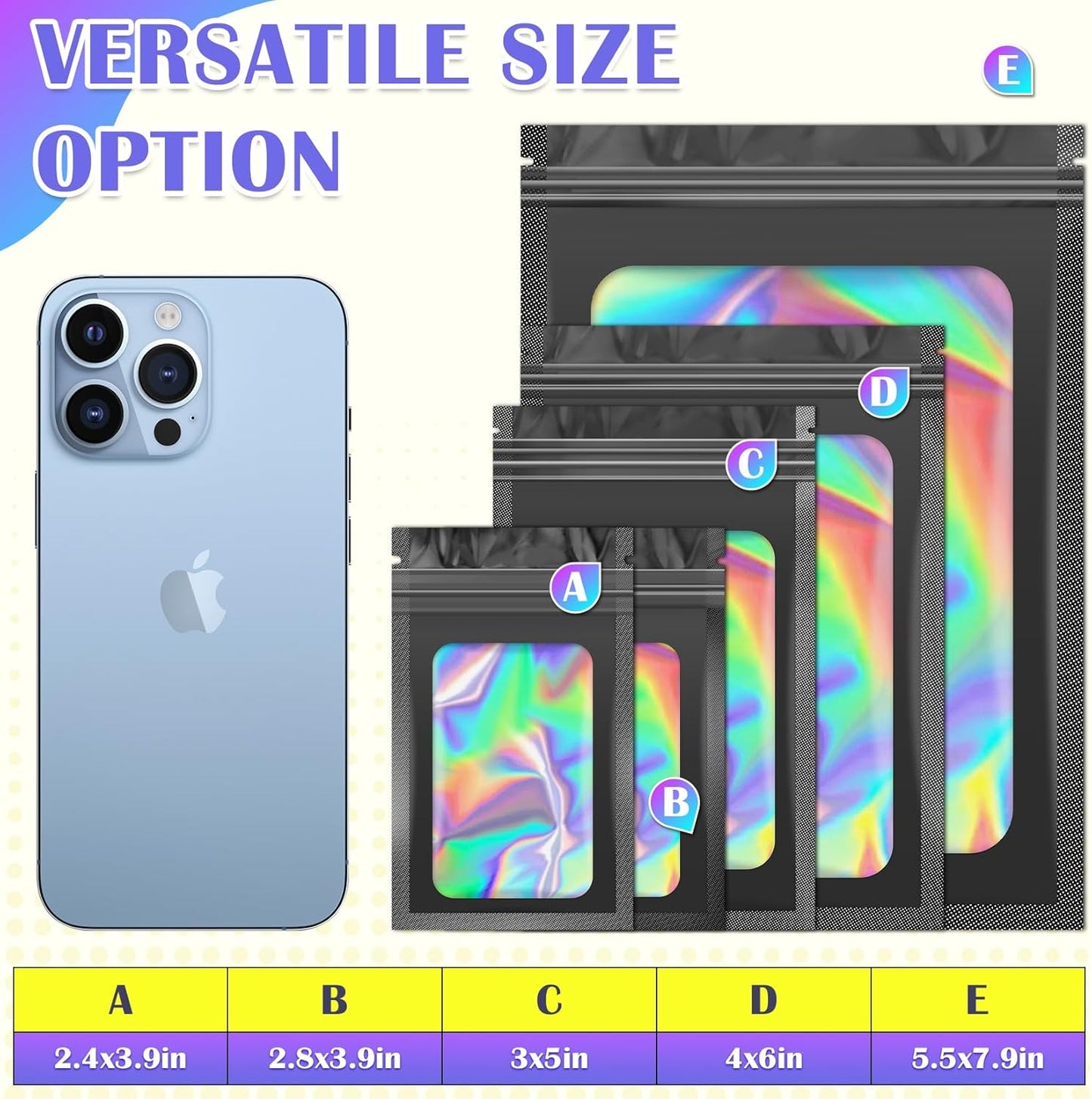 100 PCS Black Smell Proof Bag, Mylar Bags, Holographic Bags with Clear Window, Resealable Bag for Small Business, Packaging for Bracelets, Jewelry, Candy, Gift(3x5in)