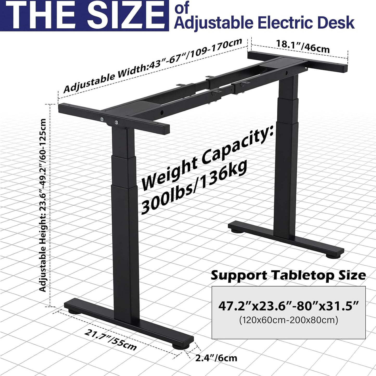 TOPSKY Dual Motor 3 Stage Electric Adjustable Standing Desk Frame for up to 80”x31.5” Table Tops Heavy Duty 300lb Load Capacity for Home Office (Black Frame Only)
