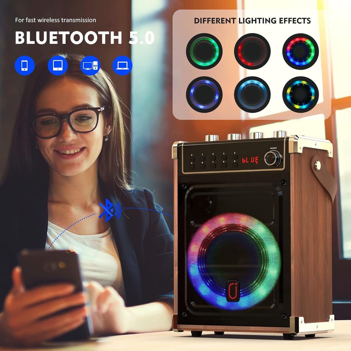JYX Karaoke Machine with 2 UHF Wireless Microphones, Bluetooth Speaker with Bass/Treble Adjustment and LED Light, PA System Support TWS, AUX in, FM, REC, Supply for Party/Adults/Kids - Wood Grain