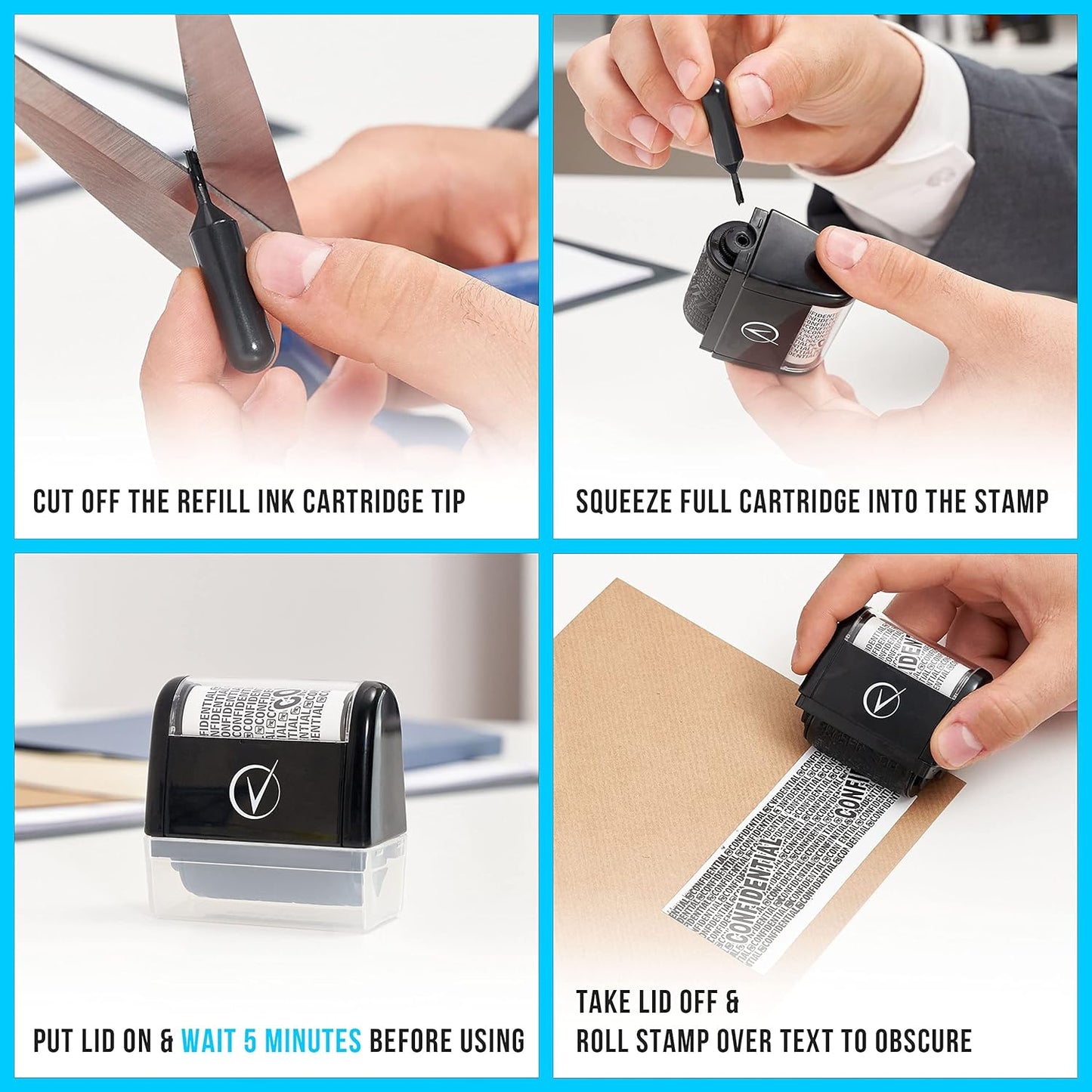 Vantamo Identity Theft Protection Roller Stamp for Hiding Sensitive Information, Wide Confidential Stamp with Box Cutter, Security Stamp Roller for Identity Theft Prevention, Black