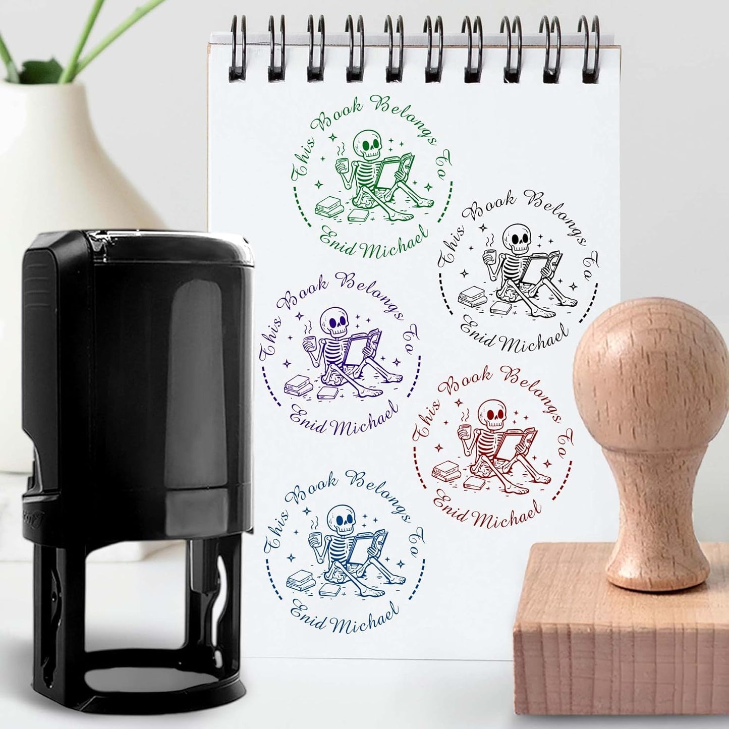 Skull Themed Library Book Embosser, Custom Book Business Card Paper Document Notebook,Self Inking Stamp,Book Lover Gifts,Christmas Gifts (Style07)