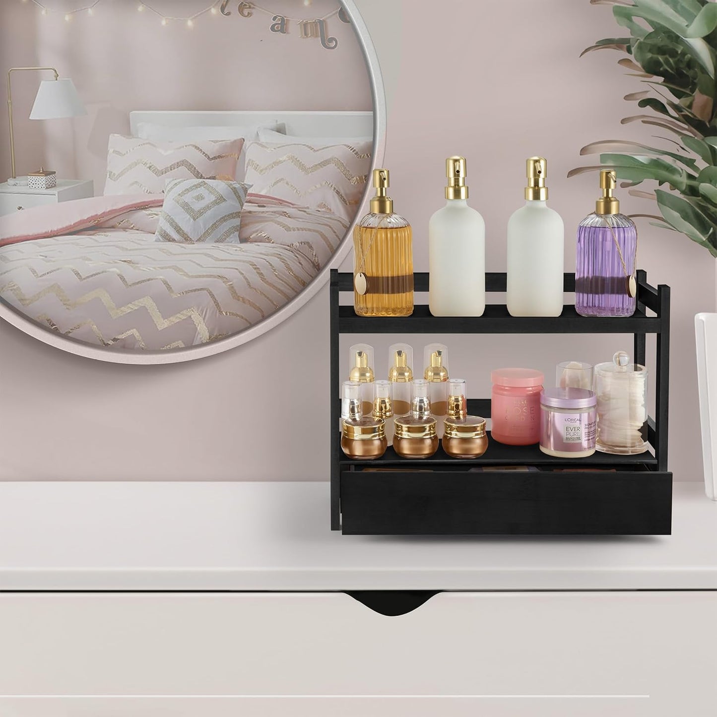 Sorbus Bamboo Bathroom Counter Organizer – 2-Tier Shelf with Hidden Drawer for Vanity, Matcha Station, Bathroom Sink Organizer Countertop, Kitchen & Office Storage (17″ L x 6.5″ W x 12.6″ H) (Black)