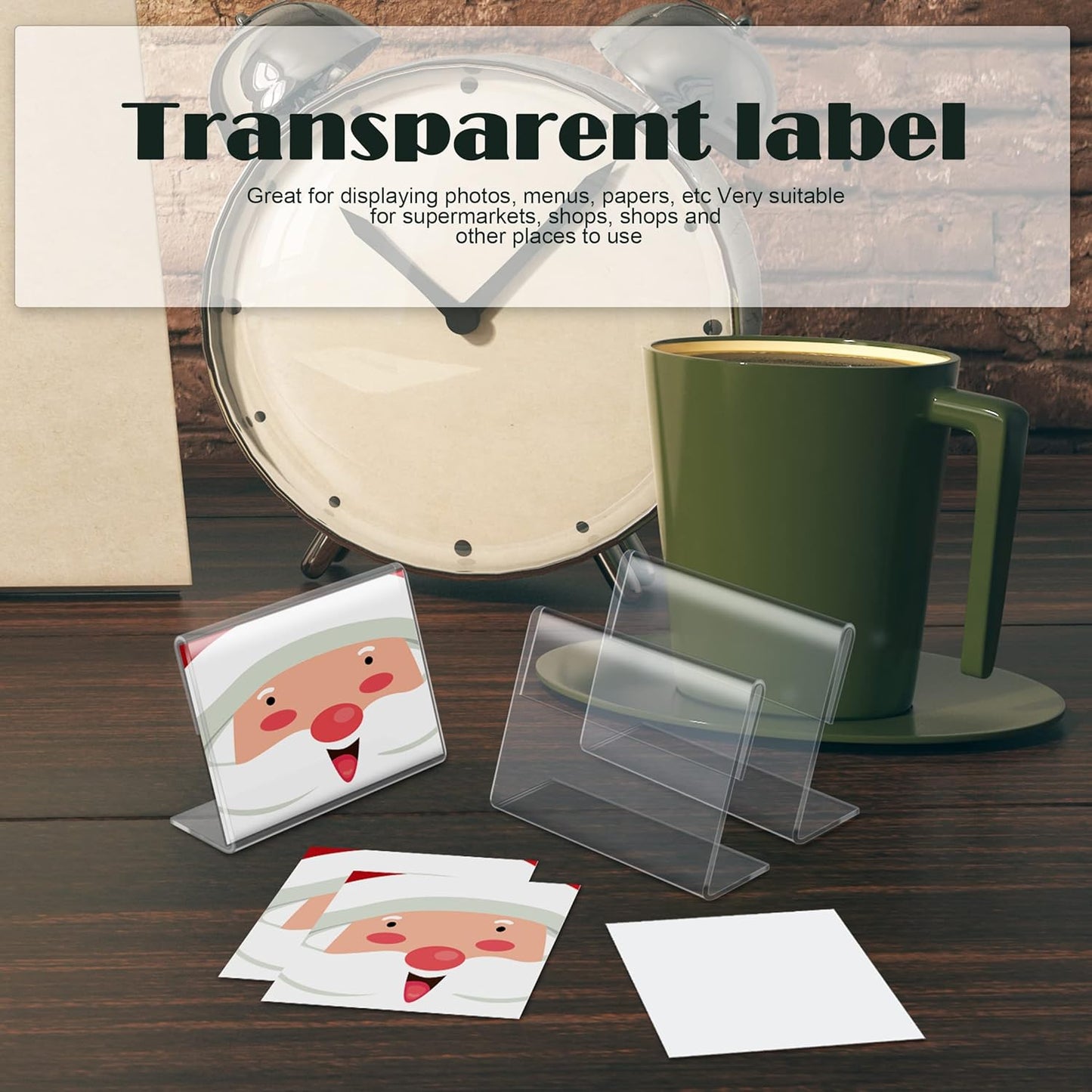 BILLIOTEAM 50pack Mini Clear Sign Display Holder with Blank Labels,2.36*1.57 Inch Horizontal Slanted L-Shape Plastic Name Card Price Card Tag Label Counter Top Stand