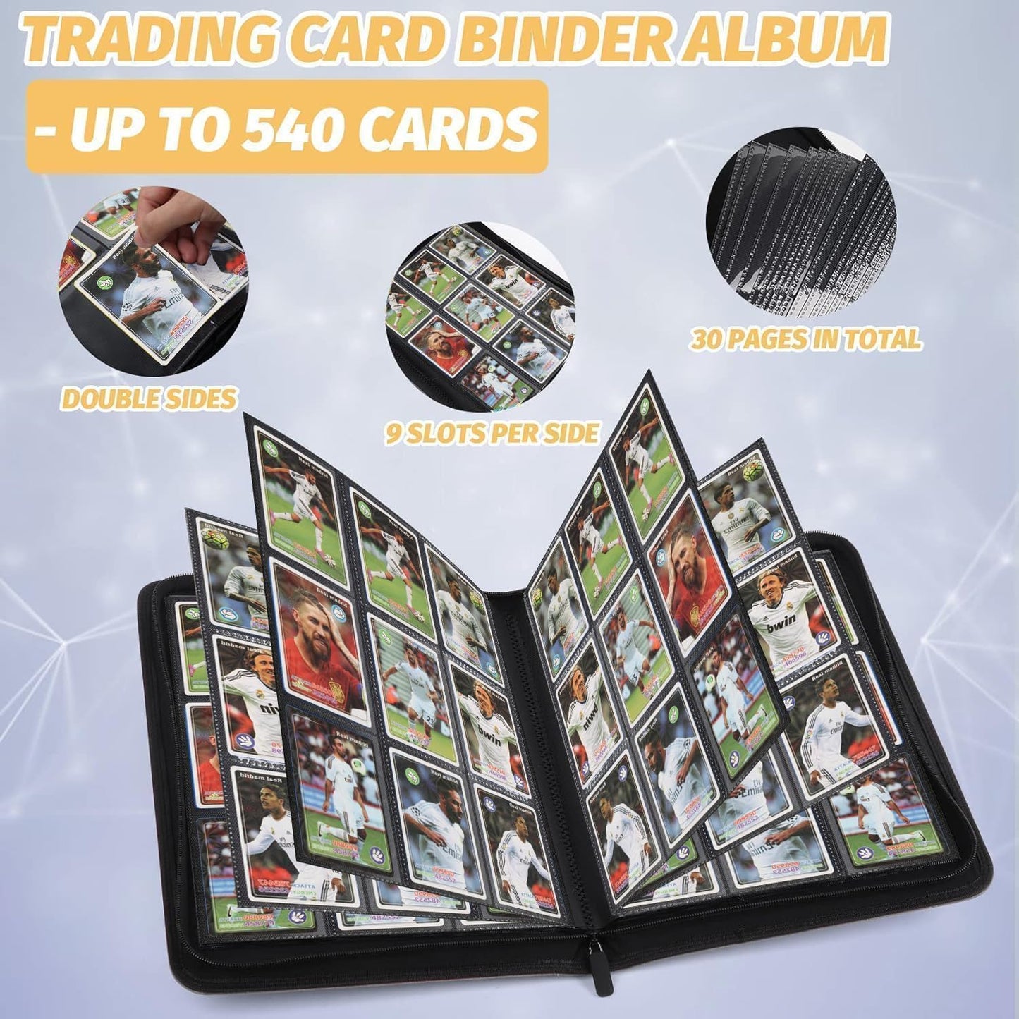 9 Pockets Card Binder,Premium Zip Trading Card Binder,540 Double Sided Pocket PU Collection Binder, Collector Album, Card Folder for MTG, TCG, Business Cards.(Light Blue)