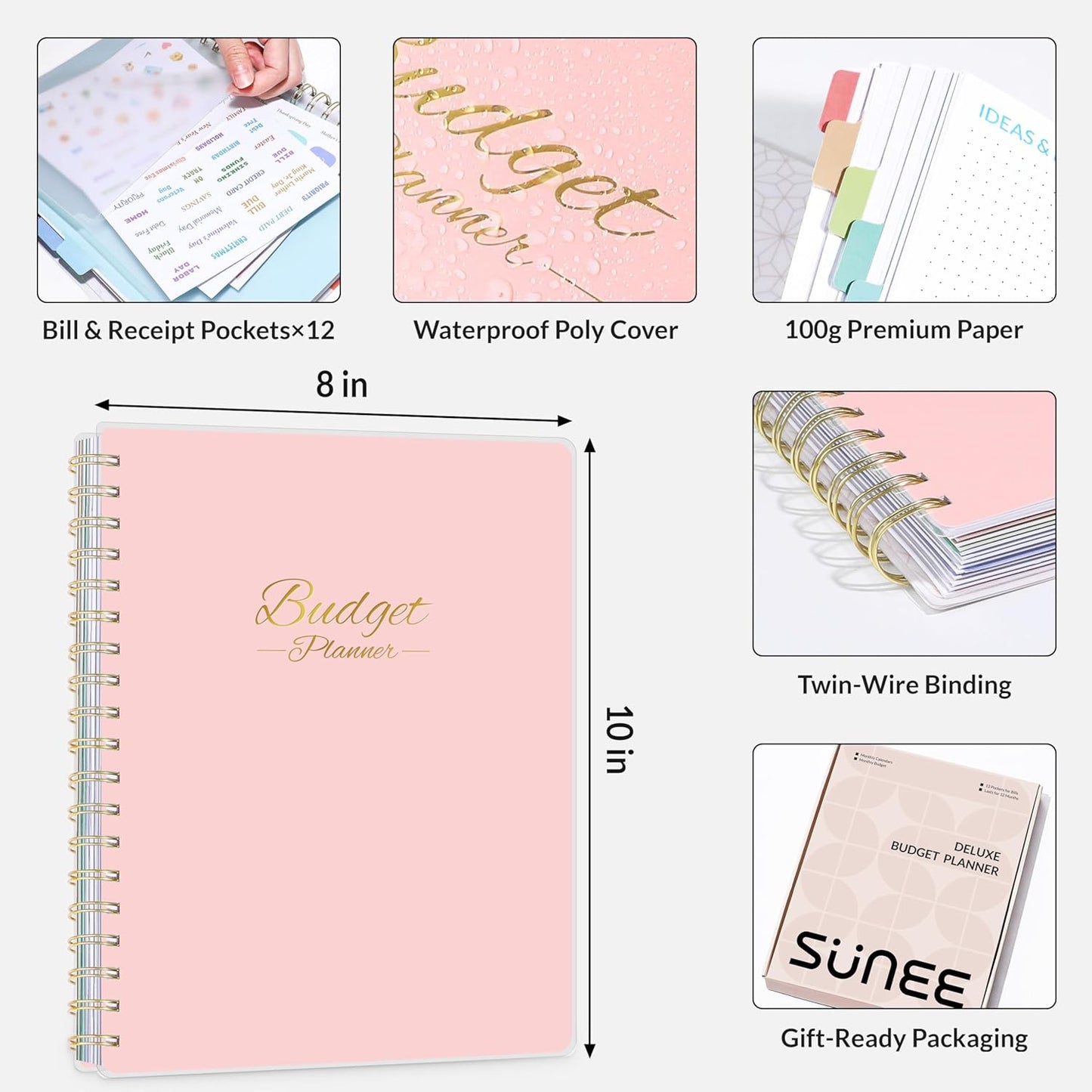 SUNEE Budget Planner - Deluxe Monthly Budget Book with 12-Pockets for Bill Organizer, Undated 12 Month Expense Tracker Notebook & Account Book B5 Size (8" x 10") to Manage Your Finance Planner, Pink