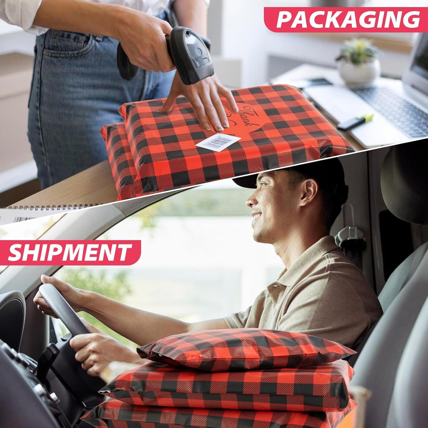 Oududianzi Poly Mailers 10x13, 100Pack Shipping Bags, Packaging Bags, Mailers Poly Bags, Shipping Envelopes, Mailing bags, Polymailer Packaging Bags for Small Business - Red plaid