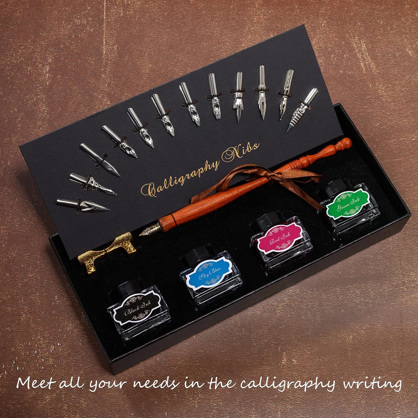 Calligraphy Pen Set,Include Vintage Fountain Pure Wooden Dip Pen for Beginners Writing, 4 Colors Bottles of Ink, 12 Replaceable Nibs, Antique Brass Pen Holder