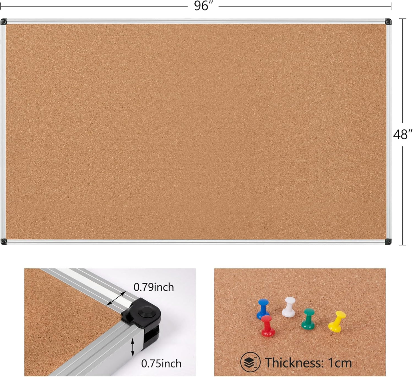 Board2by Extra Large Cork Bulletin Board 96" X 48", Silver Aluminum Framed 8'x4' Corkboard for Wall, Wall Mounted Notice Pin Board with 18 Push Pins for School, Home & Office