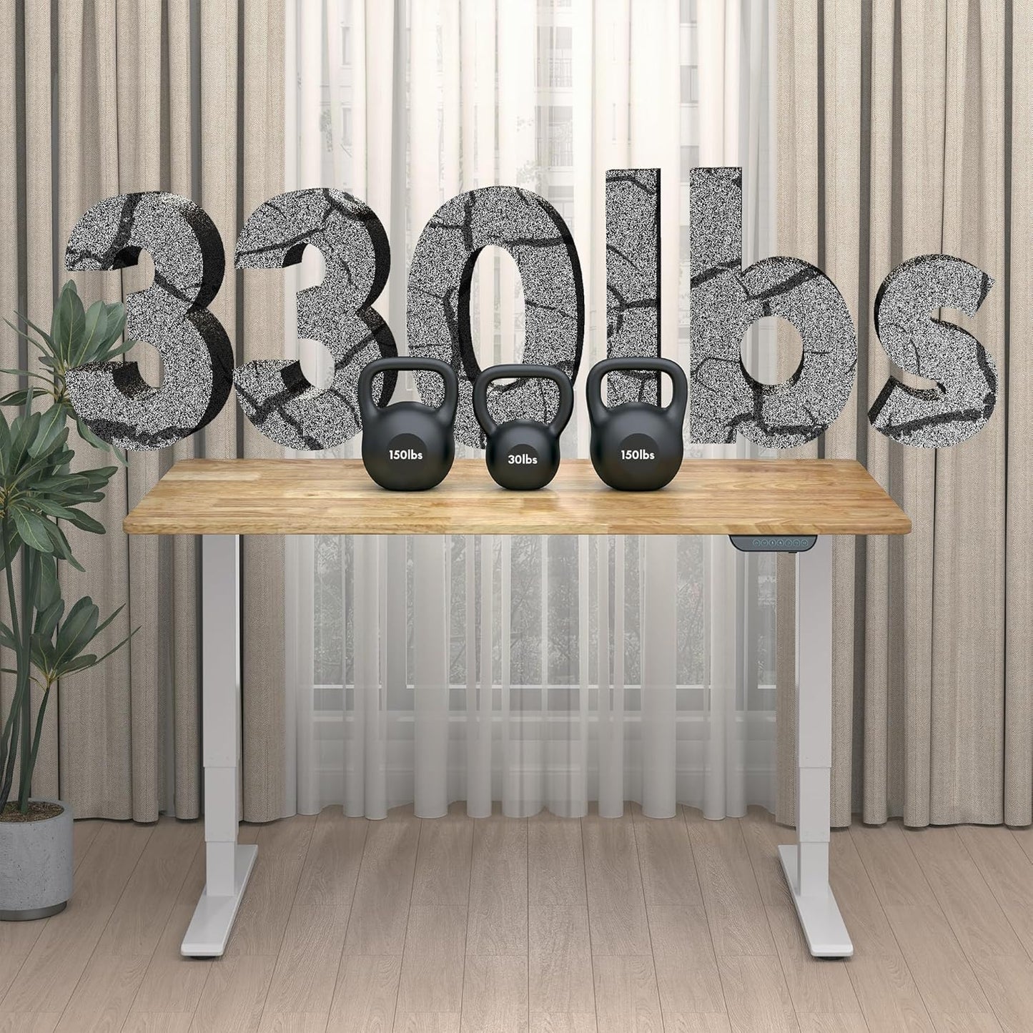 FLEXISPOT E6 MAX Rubber Wood Dual Motor 3 Stages Standing Desk 55x24 Inch Whole-Piece Board Electric Height Adjustable Stand Up Desk 150KG Load Capacity(White Frame + Rubber Wood Desktop)