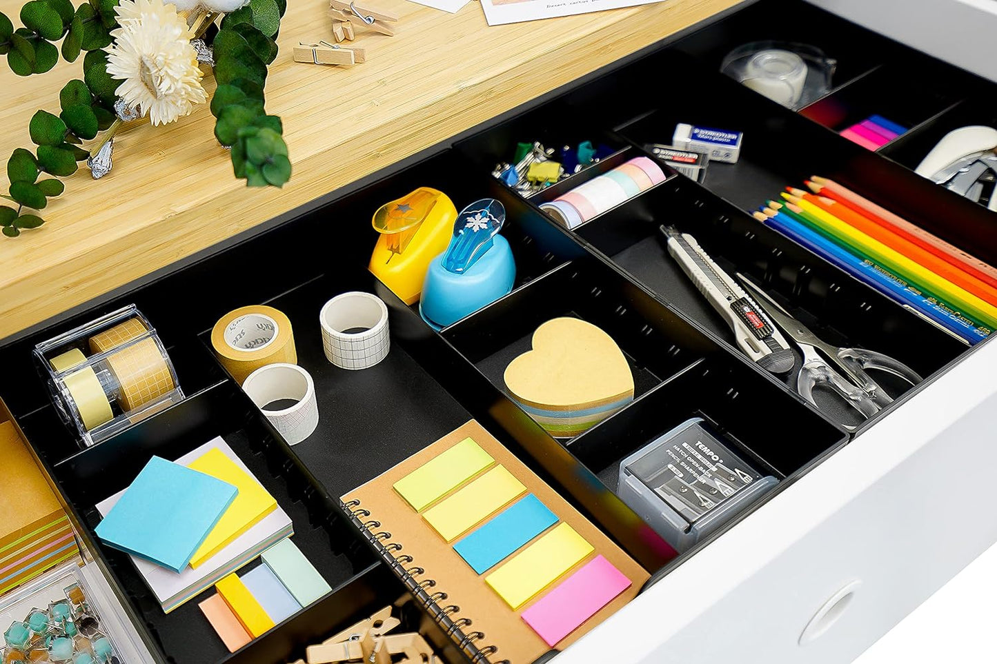 CAXXA 3 Slot Drawer Organizer with 4 Adjustable Dividers - Junk Drawer Storage for Makeup & Vanity, Office Desk Supplies and Accessories (BLACK, 1 PACK)