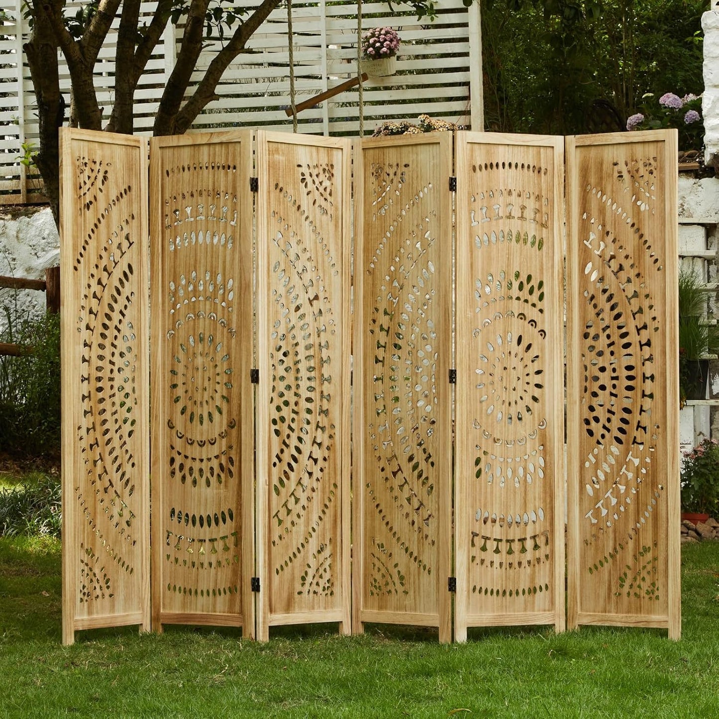66.9Inch Folding Room Divider, 6 Panels Wood Carved Privacy Screens, Free Assembled Freestanding Partition for Home Office Restaurant Bedroom (Natural)