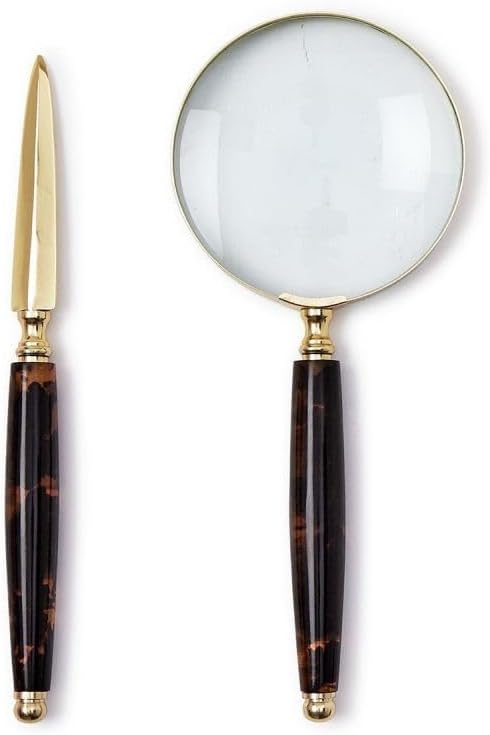 Two's Company Tortoise Swirl Magnifier with 4X Magnification and Letter Opener Set in Gift Box