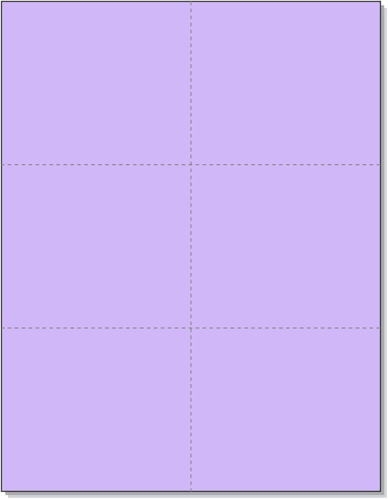 Limited Papers (TM) 8.5x11 Perforated Paper, 20/50 Pound, 75 GSM, Variety of Perforation Sizes and Colors, for Forms, Tickets, Postcards, Business Cards. (Lavender/orchid, 6 up)