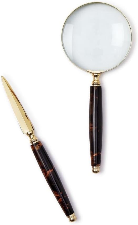 Two's Company Tortoise Swirl Magnifier with 4X Magnification and Letter Opener Set in Gift Box