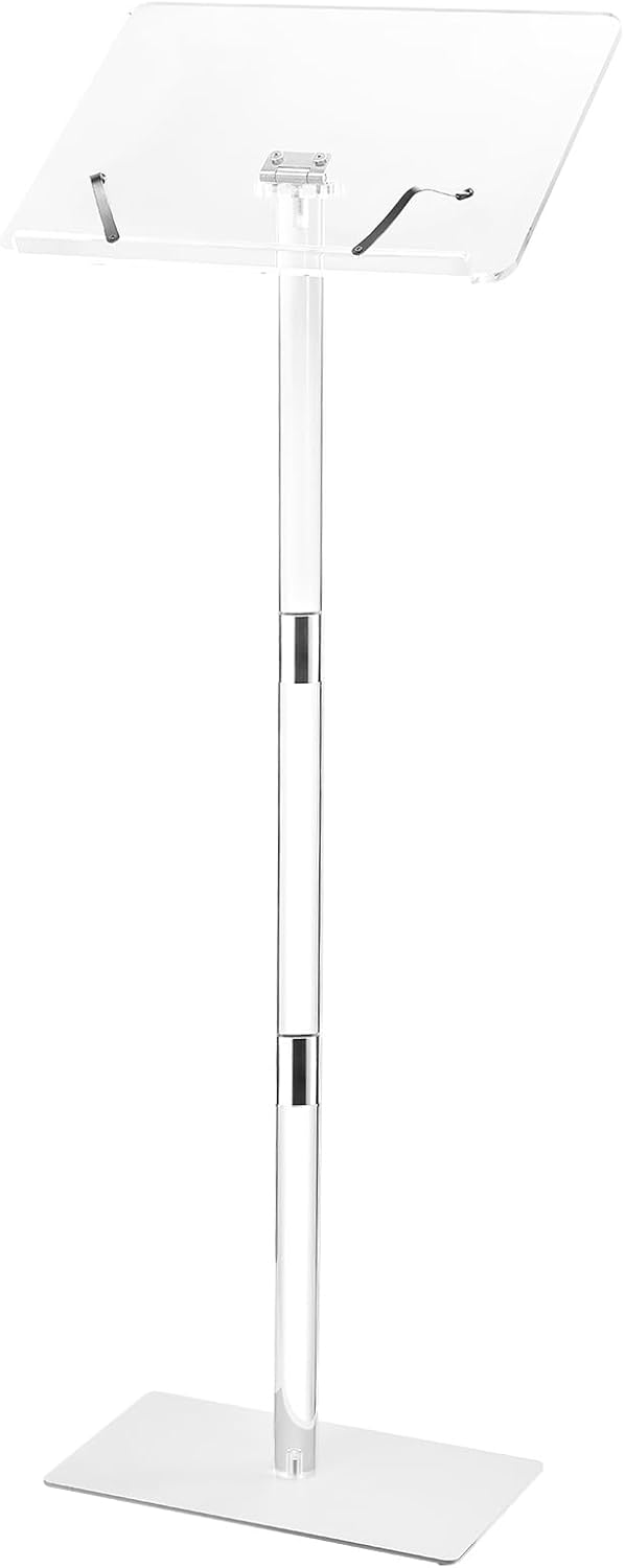 VEVOR Podium Stand, 43-Inch Acrylic Lectern, Portable Laptop Desk with Wide Reading Surface, Book Clips, Adjustable Angle, Floor-Standing, for Classroom, Wedding, Conference, Lecture and Concert