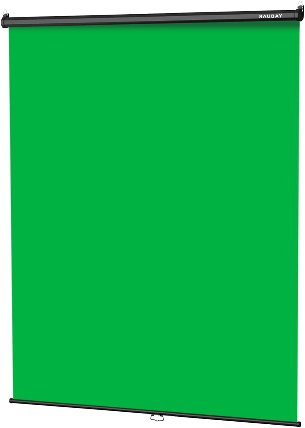 RAUBAY Retractable Pull Down Green Screen - 59.8" x 86.6" Collapsible Wall-Mount Background for Professional Video Production, Chroma Key Backdrop for YouTube, TikTok, Streaming, Video Conferencing