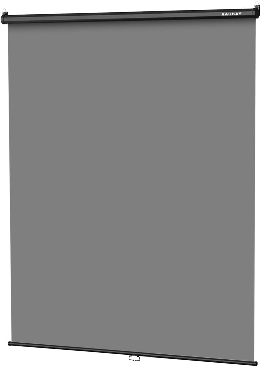 RAUBAY Retractable Pull Down Grey Screen Backdrop - 59.8" x 86.6" Collapsible Wall-Mount Background for Professional Video Production, Photography, TikTok and Video Conferencing