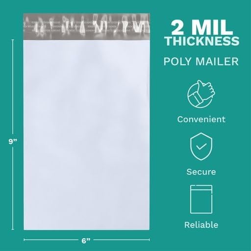 6" X 9" Poly Mailers, 500 Count White Polymailer Shipping Envelopes for Clothes 2 Mil Unpadded Waterproof Opaque Self-Seal Poly Bags with Tear/Puncture Proof Adhesive Strip