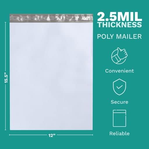 12" X 15.5" Large Poly Mailers, 100 Count White Polymailer Shipping Envelopes for Clothes 2 Mil Unpadded Waterproof Opaque Self-Seal Poly Bags with Tear/Puncture Proof Adhesive Strip