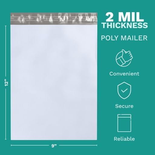 9" X 12" Poly Mailers, 500 Count White Polymailer Shipping Envelopes for Clothes 2 Mil Unpadded Waterproof Opaque Self-Seal Poly Bags with Tear/Puncture Proof Adhesive Strip
