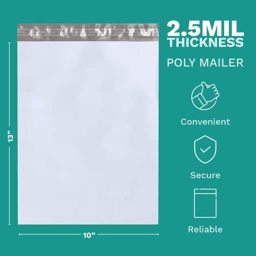 10" X 13" Large Poly Mailers, 100 Count White Polymailer Shipping Envelopes for Clothes 2 Mil Unpadded Waterproof Opaque Self-Seal Poly Bags with Tear/Puncture Proof Adhesive Strip