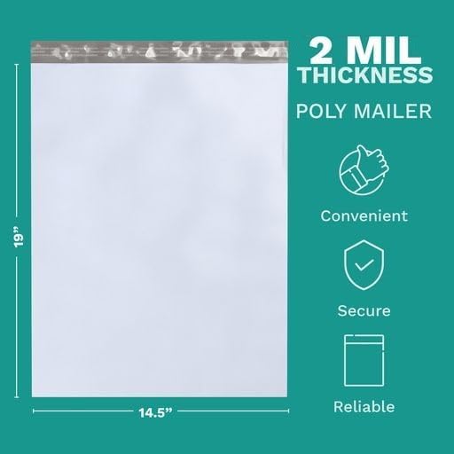 14.5" X 19" Extra Large Poly Mailers, 200 Count White Polymailer Shipping Envelopes for Clothes 2 Mil Unpadded Waterproof Opaque Self-Seal Poly Bags with Tear/Puncture Proof Adhesive Strip