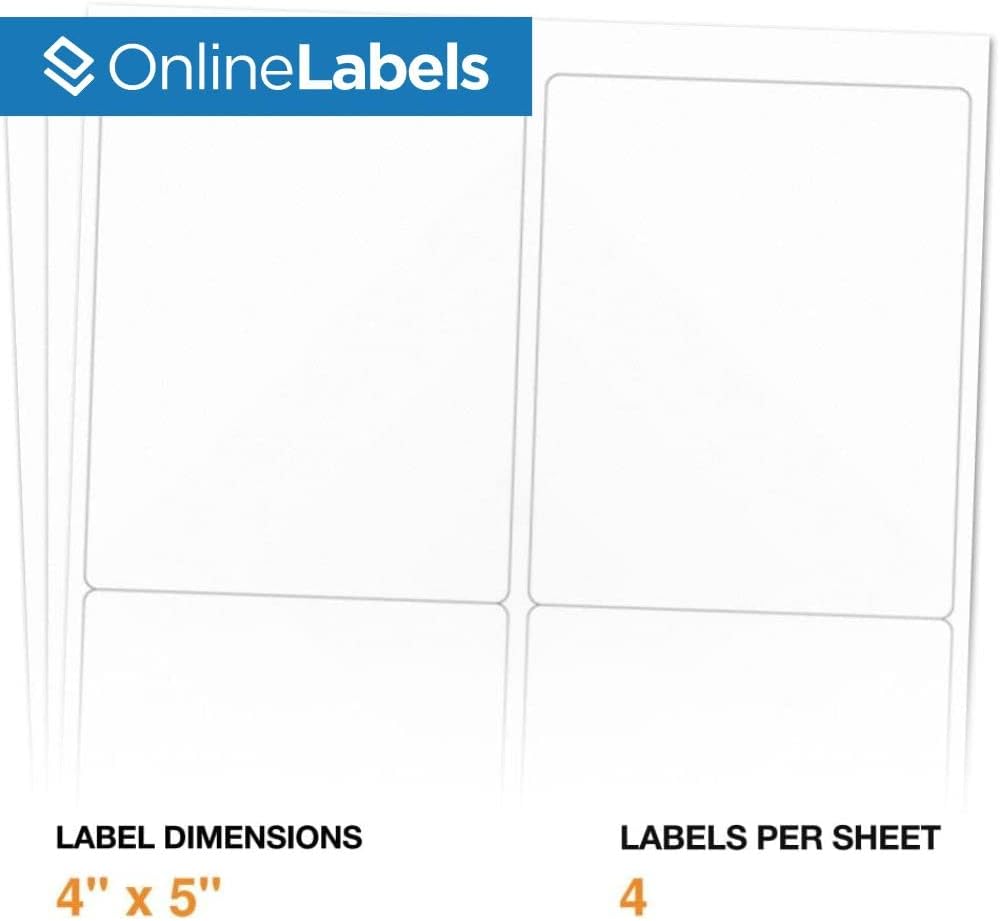 4 x 5 Rectangle Mailing Labels - Permanent, White Matte - Shipping, Wine, Product - Pack of 2,000-500 Sheets - Inkjet/Laser Printers - Online Labels