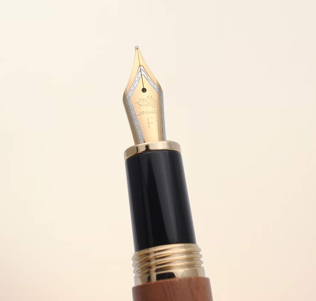 JINHAO 9056 Natural Wood Fountain Pen Handmade Ink Pen (Peach Wood, Fine Nib 0.5mm)