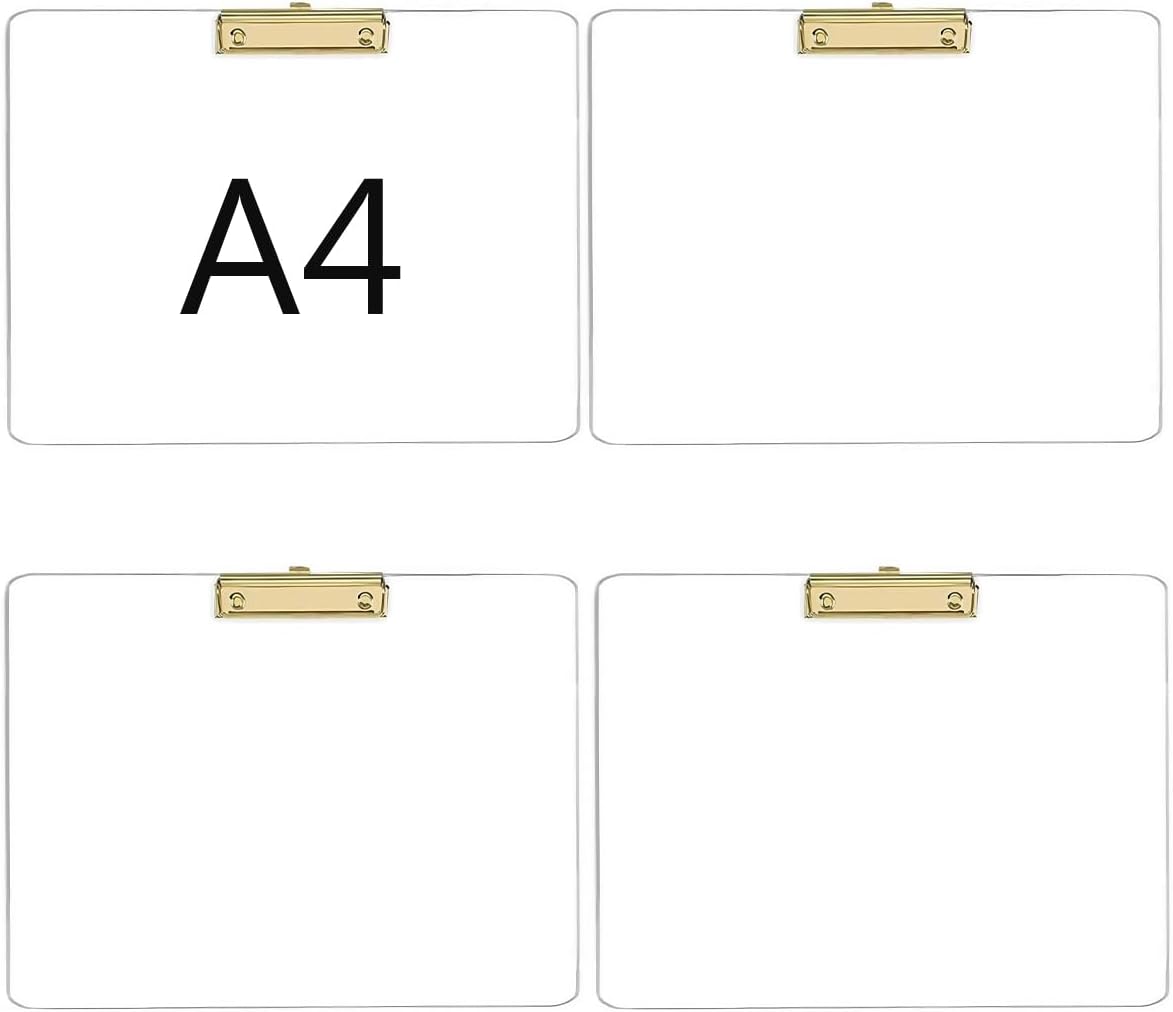 JIARI 4 Pack Clear Acrylic Office Clipboard A4 Letter Size 9.06" x 12.6" (Gold Horizontal 4 Pack)