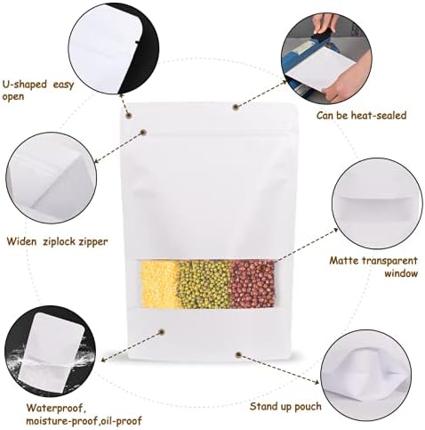 50pcs Kraft Bags with Window 5.9x8.6 Inches White Reusable Sealable Zip Lock Food Storage Stand up Paper Pouches for Home or Business