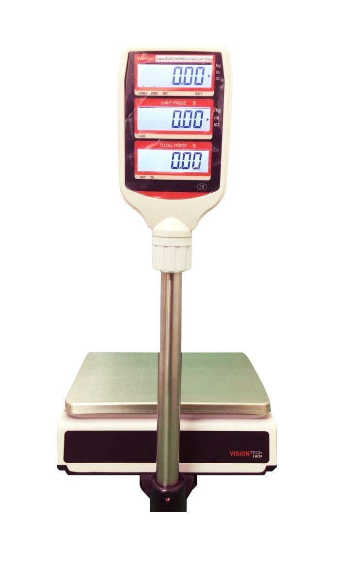 VisionTechShop TVP-30P Price Computing Scale with Pole Display, Lb/Oz/Kg, 30lb Capacity, 0.005lb Readability, NTEP, NSF Certified, LP-50 Thermal Label Printer, 1 Case of Labels LST8060