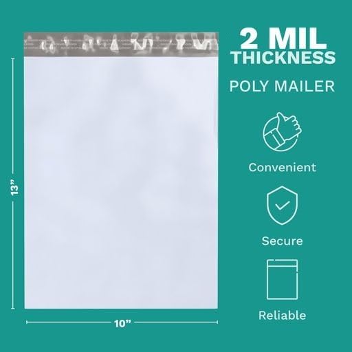 10" X 13" Large Poly Mailers, 200 Count White Polymailer Shipping Envelopes for Clothes 2 Mil Unpadded Waterproof Opaque Self-Seal Poly Bags with Tear/Puncture Proof Adhesive Strip