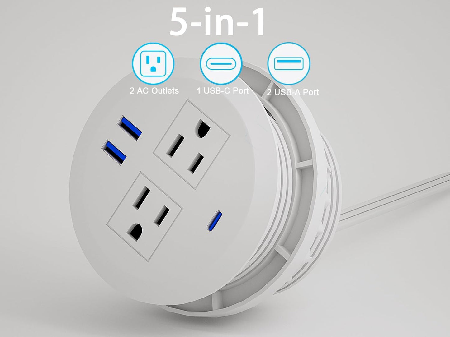 2PCS 3 Inch Desktop Power Grommet,10ft Cord,20W USB C Fast Charging Station,3-USB Port,Flush Mount.Round Recessed Power Strip Desk Hole Grommet Outlet for Workspace,Sofa,White