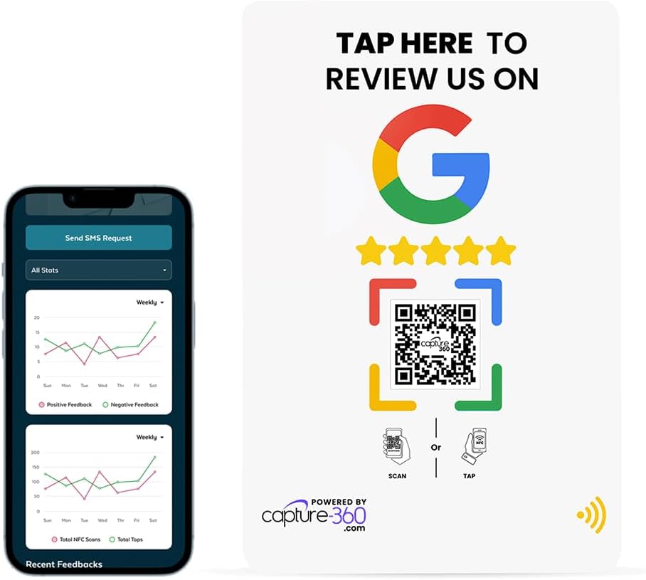 Google Review NFC & QR Tap Card by Capture 360, NFC Instant Review card, All Phones Compatible, Friendly Dashboard, Live Analytics, Reusable Card, Boost Business Feedback (White, 3-Pack Google Cards)
