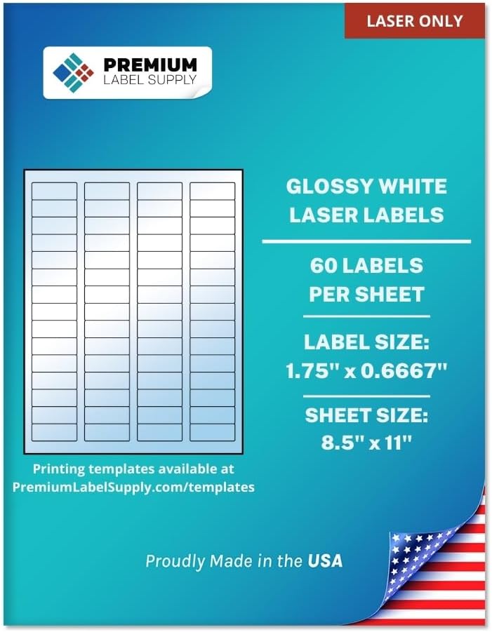 Premium Label Supply Glossy White Sticker Return Address Labels – 1.75" x 0.6667" – (60 per Sheet) (Glossy White for Laser Only, 30,000 Labels)