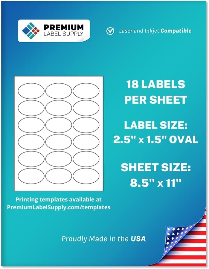 Premium Label Supply White Sticker Oval Labels – 2.5" x 1.5" Oval – Laser/Inkjet Compatible – (18 per Sheet), 2000 Sheets – 36,000 Total Adhesive Labels
