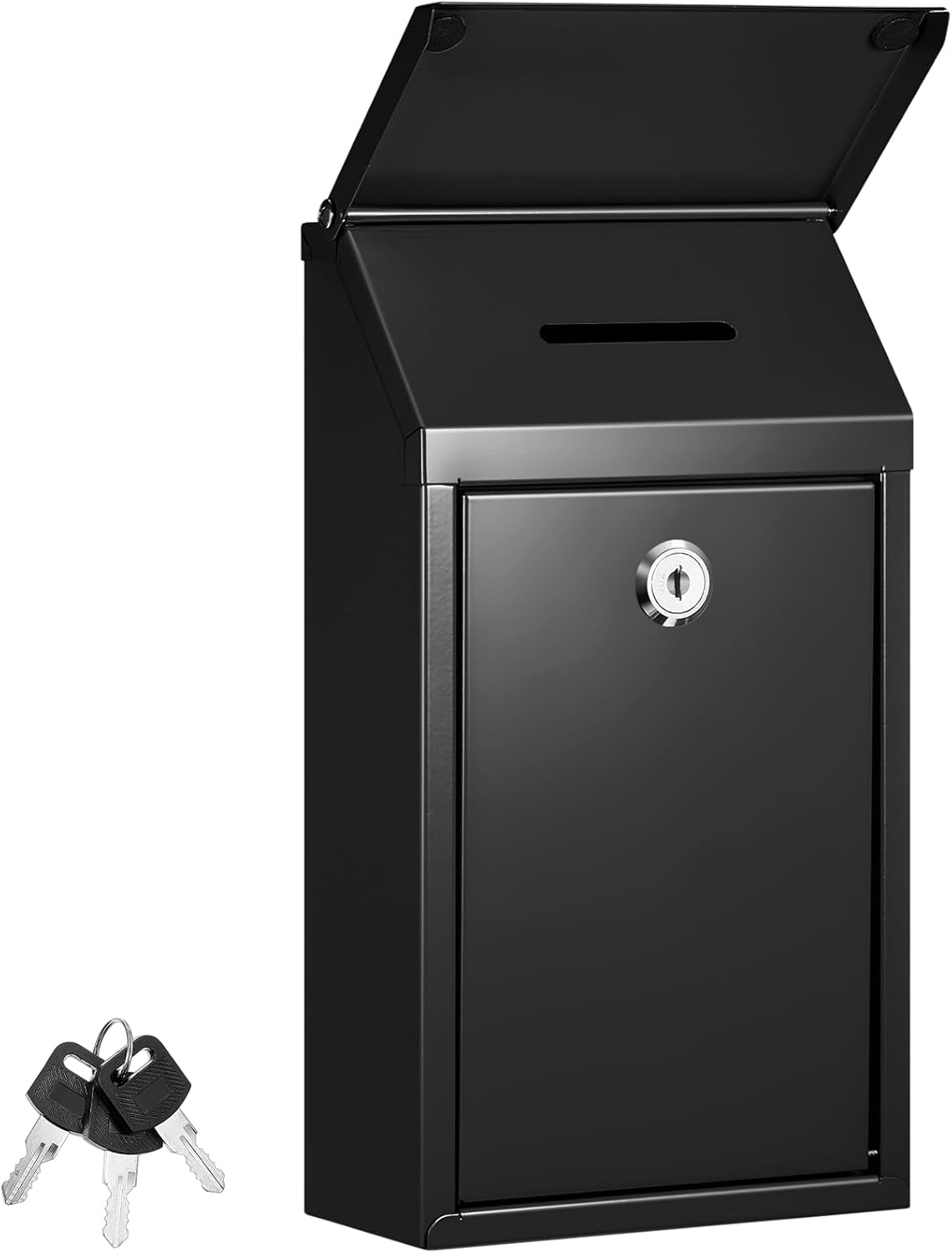 Metal Donation Box Collection Safe Suggestion Box with Slot and Lock Waterproof Wall Mounted Mailbox Money Container Lock Key for Home Outdoor Door, 10.2 x 5.7 x 3 Inch(Black)